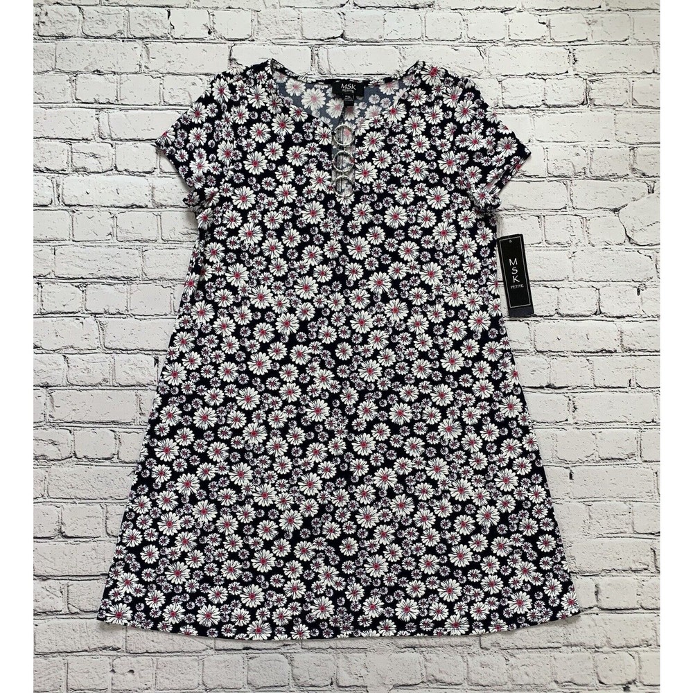 NWT MSK Women’s Size PXL Navy/White/Pink Floral Daisy Dress w 3 Ring Accent